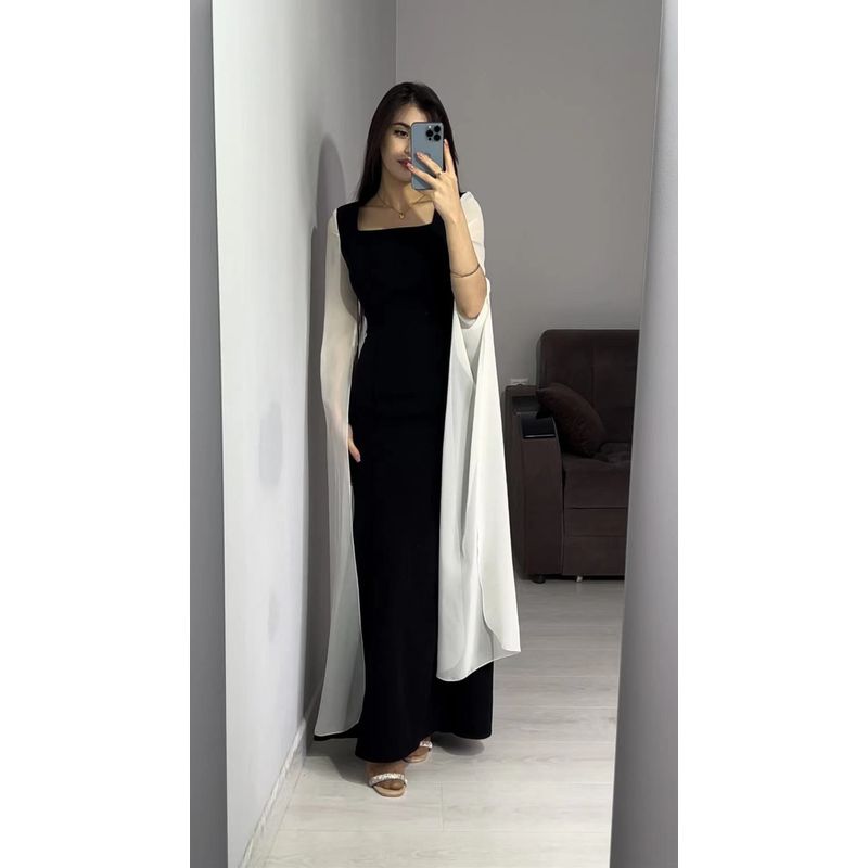 

Модный стиль, облегающее талию, черно-белое лоскутное платье с сетчатыми рукавами, платье с квадратным вырезом и сетчатыми рукавами Black and white Patchwork L