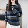 Women's Retro Striped Wool Base Layer Sweater - Loose Fit, Round Neck Knit with Long Sleeves
