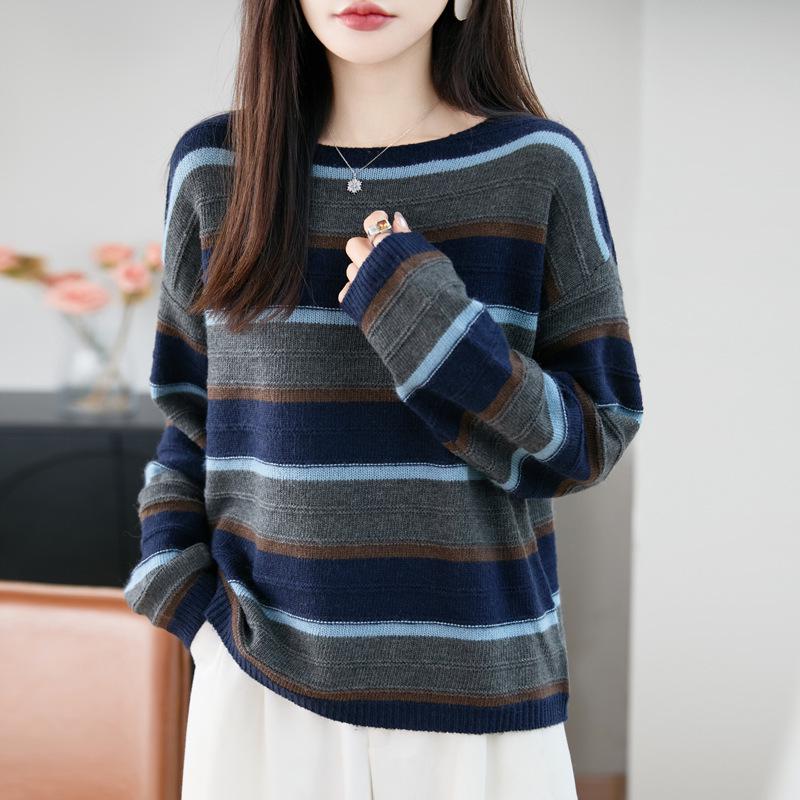 Women's Retro Striped Wool Base Layer Sweater - Loose Fit, Round Neck Knit with Long Sleeves