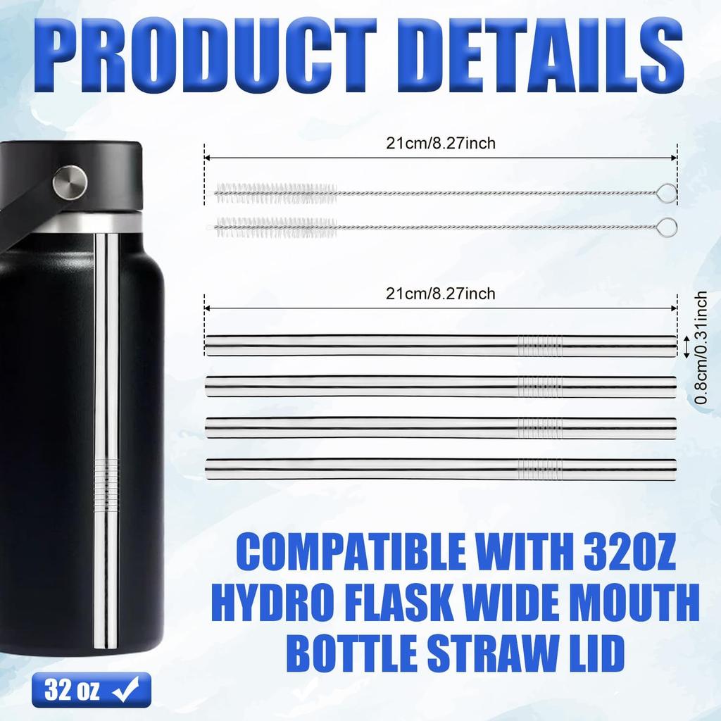 4pcs Metal Straw Replacement for Hydro Flask 32oz Wide Flex Straw Cap Bottle, Stainless Steel Cup Straws with 2pcs Brushes Parts Accessories