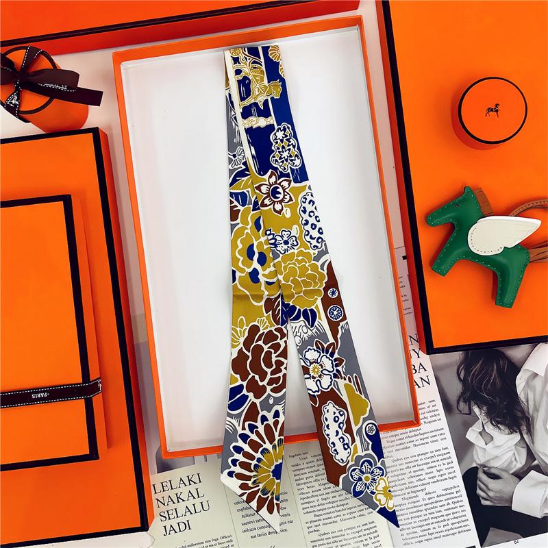 Brand Design Twill 100% Silk Scarf Luxury Print Flowers Scarf Women Foulard Skinny Bag Scarves New Hot Neckerchief Hair Headband