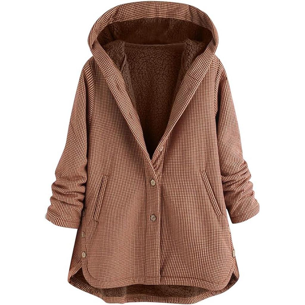 Women's Plaid Jacket Flannel Jacket Button Hooded Warm Coat