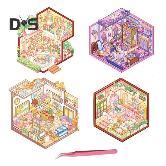 

4 шт. DIY 3D наклейки для дома, бумажные наклейки с миниатюрными сценами, мультяшные наклейки с мини-сценами для комнаты, набор для взрослых, детский альбом B