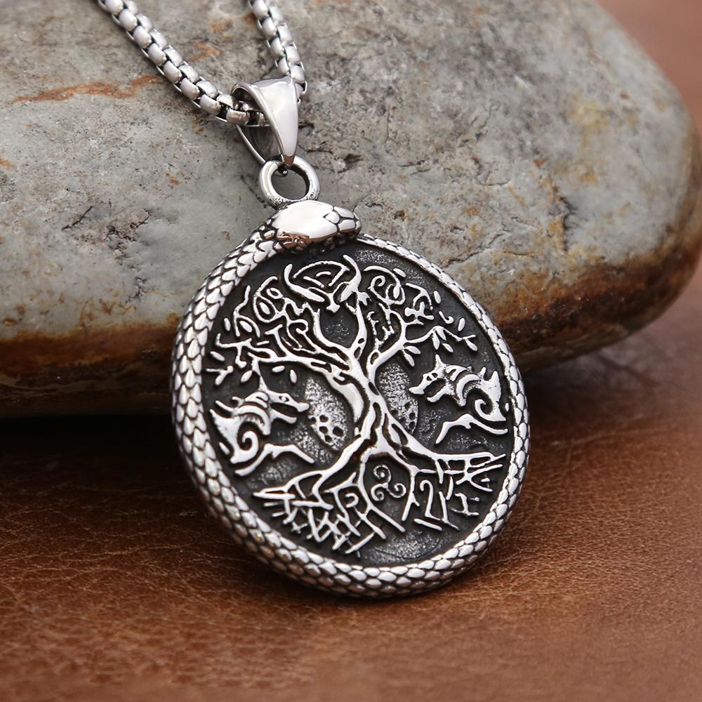 Vintage Einzigartiger Wikinger Lebensbaum Anhänger Punk Rock Edelstahl Pentagramm Halskette für Männer Frauen Schmuck