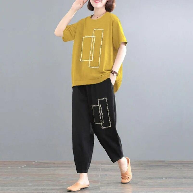 

Большой Размер Костюм Женский Летняя Одежда Прикрывает Живот Свободный и Худой Повседневный Спортивный Костюм из Двух Частей M жёлтый