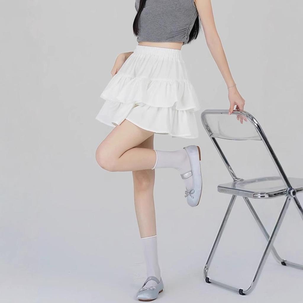 Women's White Ruffle Puff Cake Dress - Ballet Style, High Waist, Petite A-Line Midi Skirt