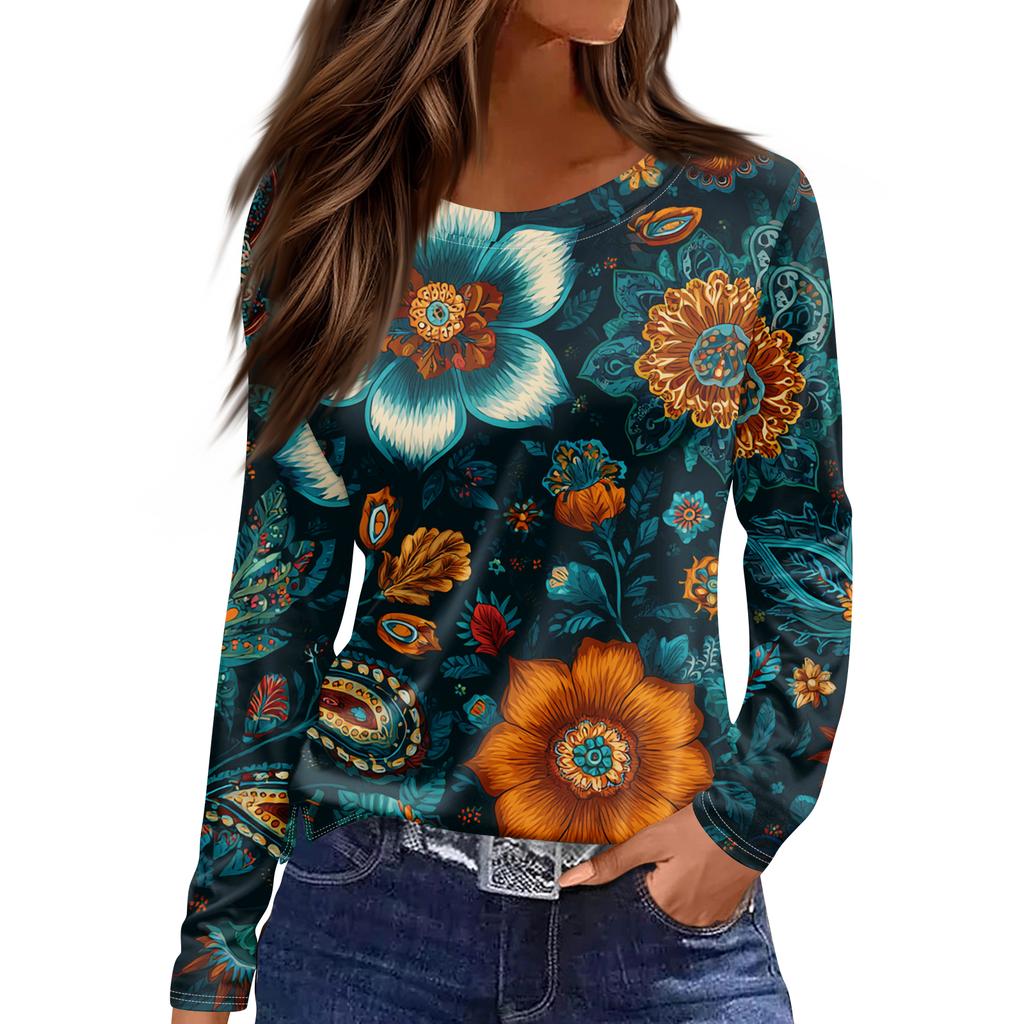 Women's Fashion Hem Slit Casual Retro Floral Print Round Neck Long Sleeve Top