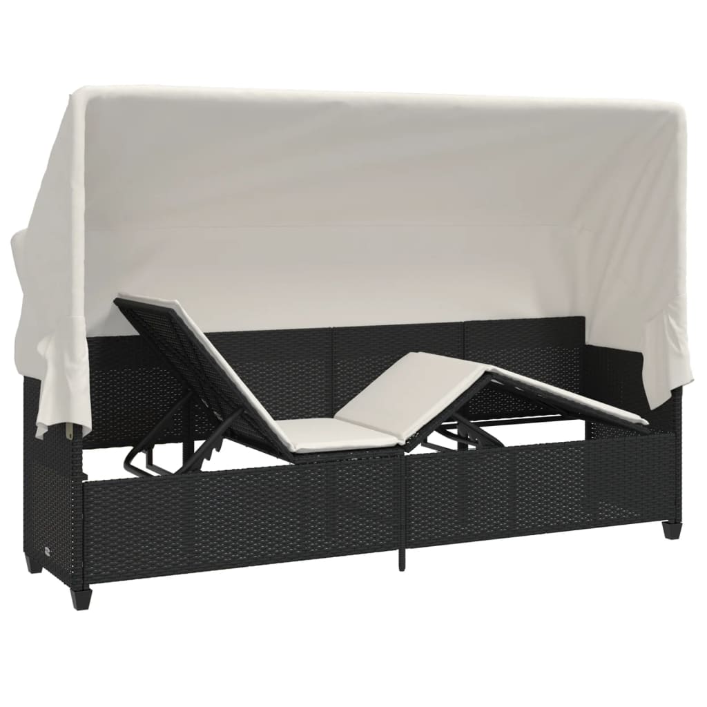Sun Lounger with Canopy and Cushions Black Poly Rattan