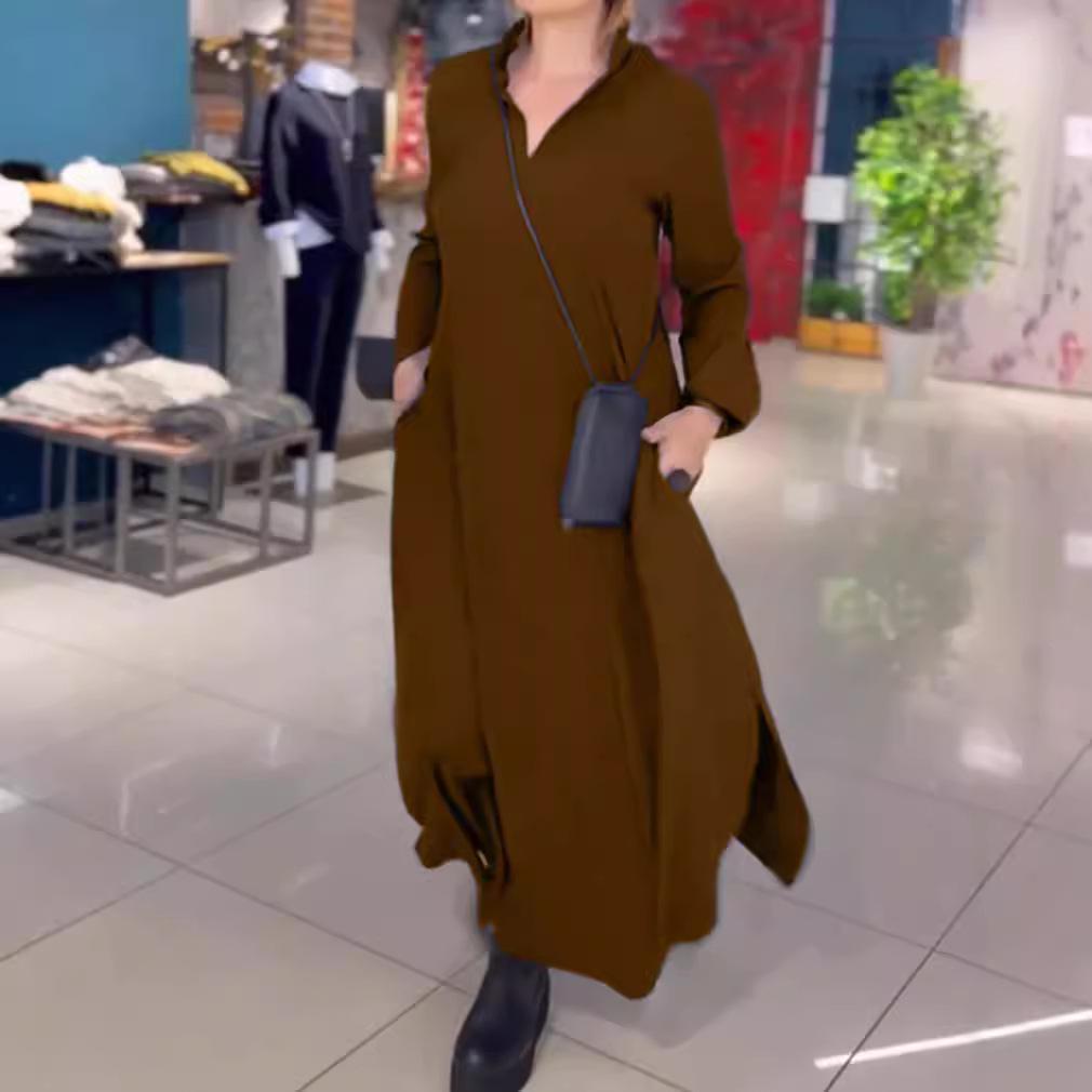 European and American Solid Color V-Neck Satin Long-Sleeve Pocket Dress