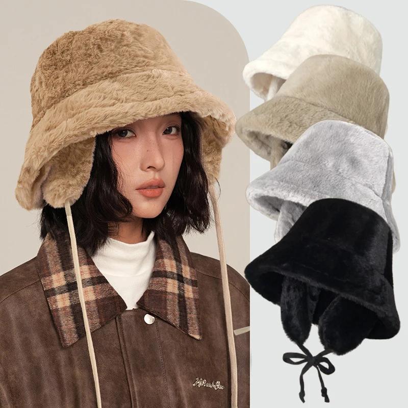 Women Winter Warm Hat Furry Ear Protector Bucket Cap Thickened Fleece Plush Riding Cold Proof Bomber Cap for Autumn Winter Hat