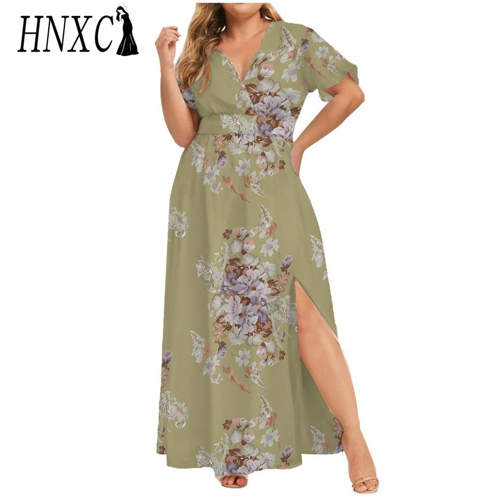 

HNXC L-5XL Женская мода Лето Весна Короткий рукав V-образный вырез Повседневные платья XXXXXL кадмия зеленый
