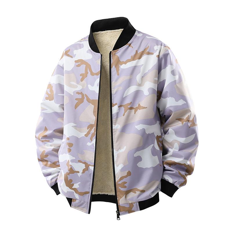 Thick Camouflage Jacket with Added Fleece, Lamb Fleece for Outdoor Wear, Flying Jacket, Plus Size Baseball Jersey