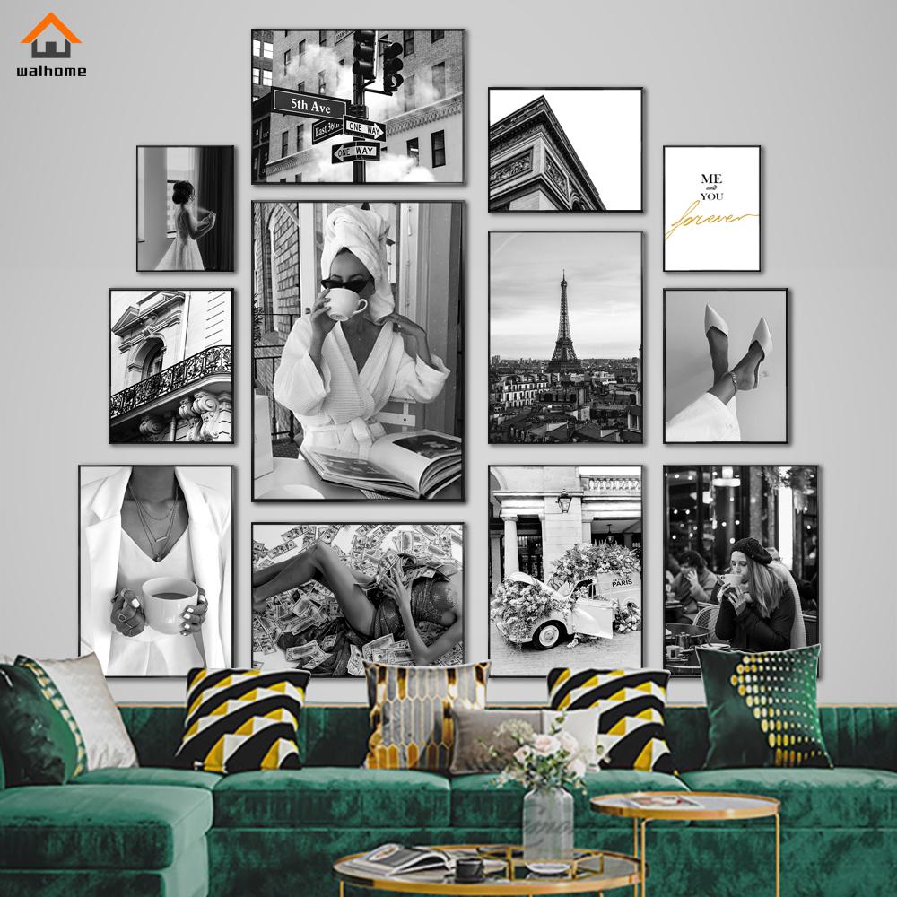 Modern Paris Tower Sexy Girl Money Black White Photo Poster Decorative Paintings Canvas Wall Art Pictures Living Room Home Decor