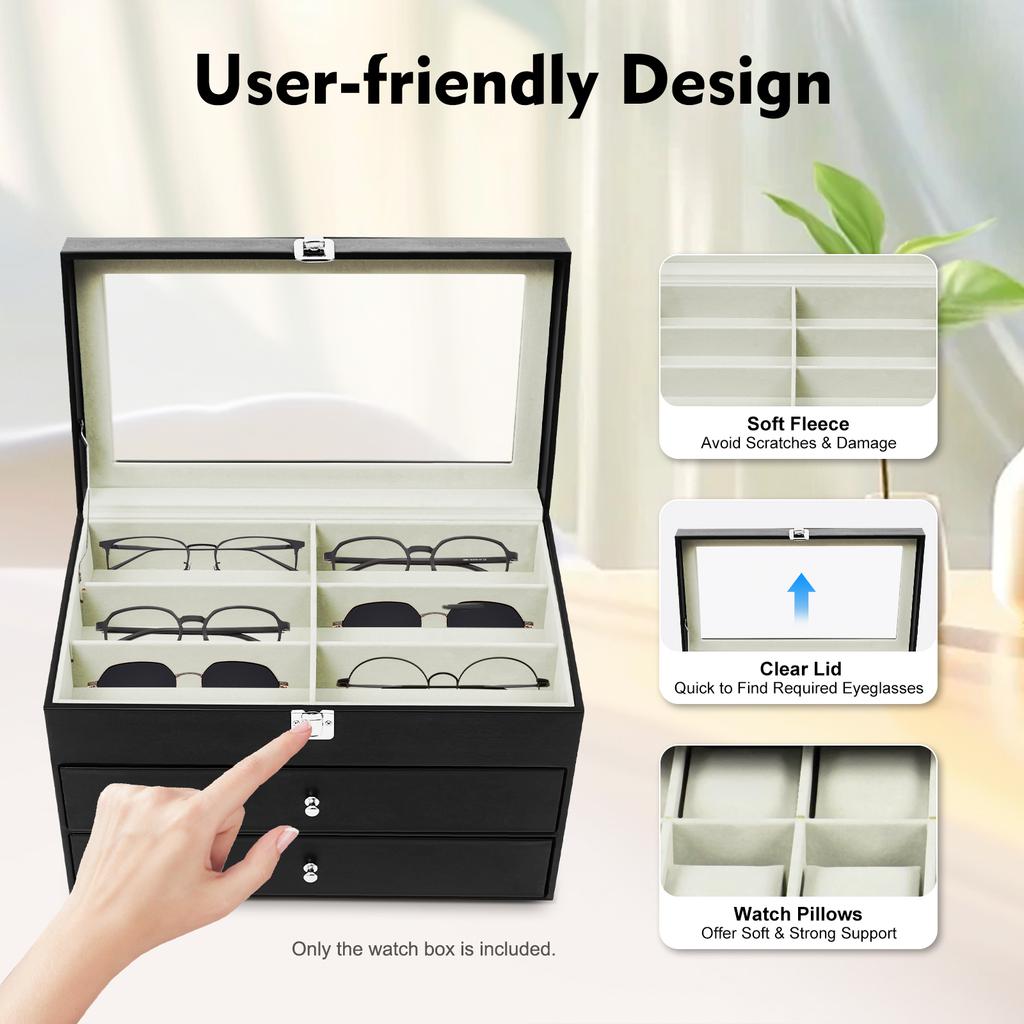 24 Slot Watch Box Glass Top, 3-Tier Display Case Holder Organizer for Watches & Eyeglasses with Lock for Collectors