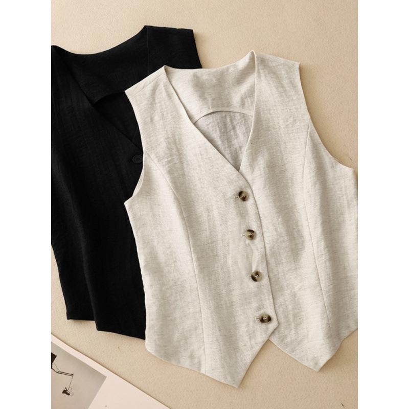 Women's Summer V-Neck Linen Vest - Solid Color, Sleeveless, Slim Fit Tank Top