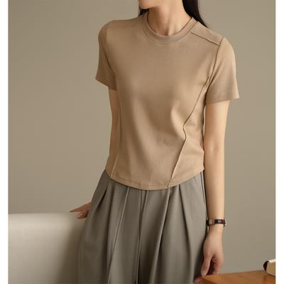 T-shirt de Algodão com Fio de Alta Elasticidade e Design Tridimensional com Linhas para o Verão Feminino de Manga Curta e Gola Redonda