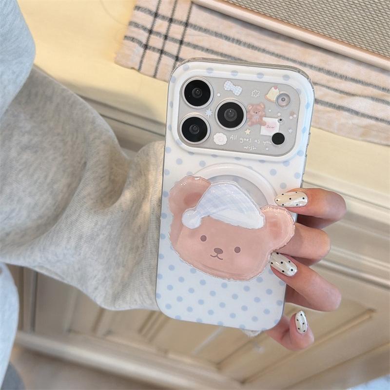 Korean Blue Polka Dot Bear Magnetic Suction Bracket Is Suitable for iphone11Promax Apple 11 Mobile Phone Case 11 Female 11.
