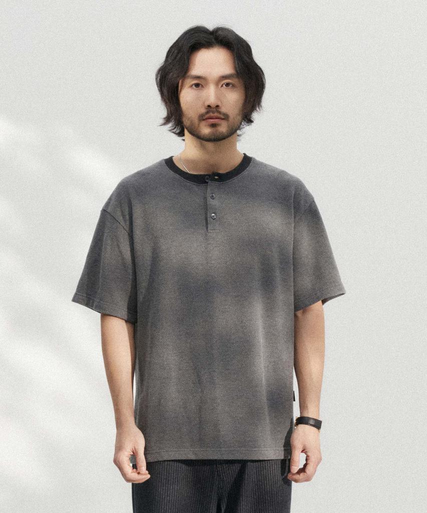 WMC Waffle Texture Henley Neck Short Sleeve T-Shirt_Charcoal Grey