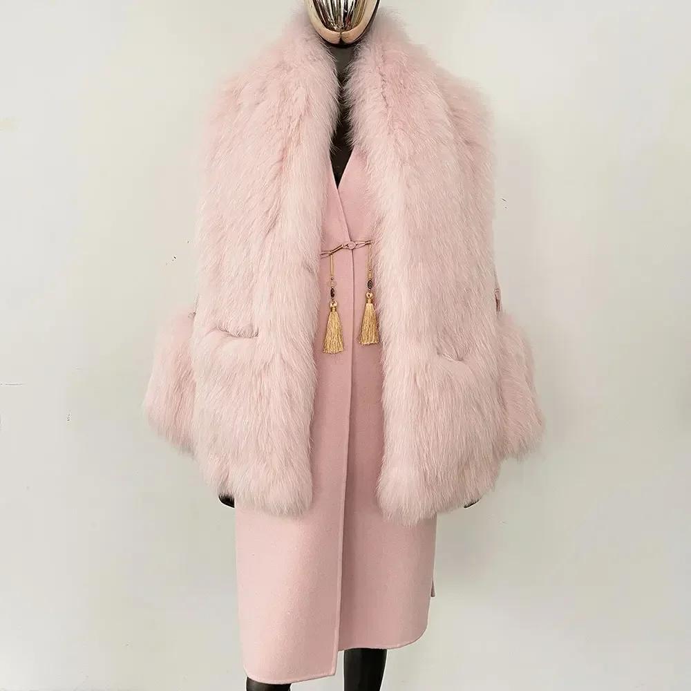 

OFTBUY Осінньо-зимове жіноче пальто зі справжнього натурального хутра лисиці, з V-подібним вирізом, двостороннє, з вовняних сумішей, куртка, товста, тепла, повсякденний новий верхній одяг L рожевий