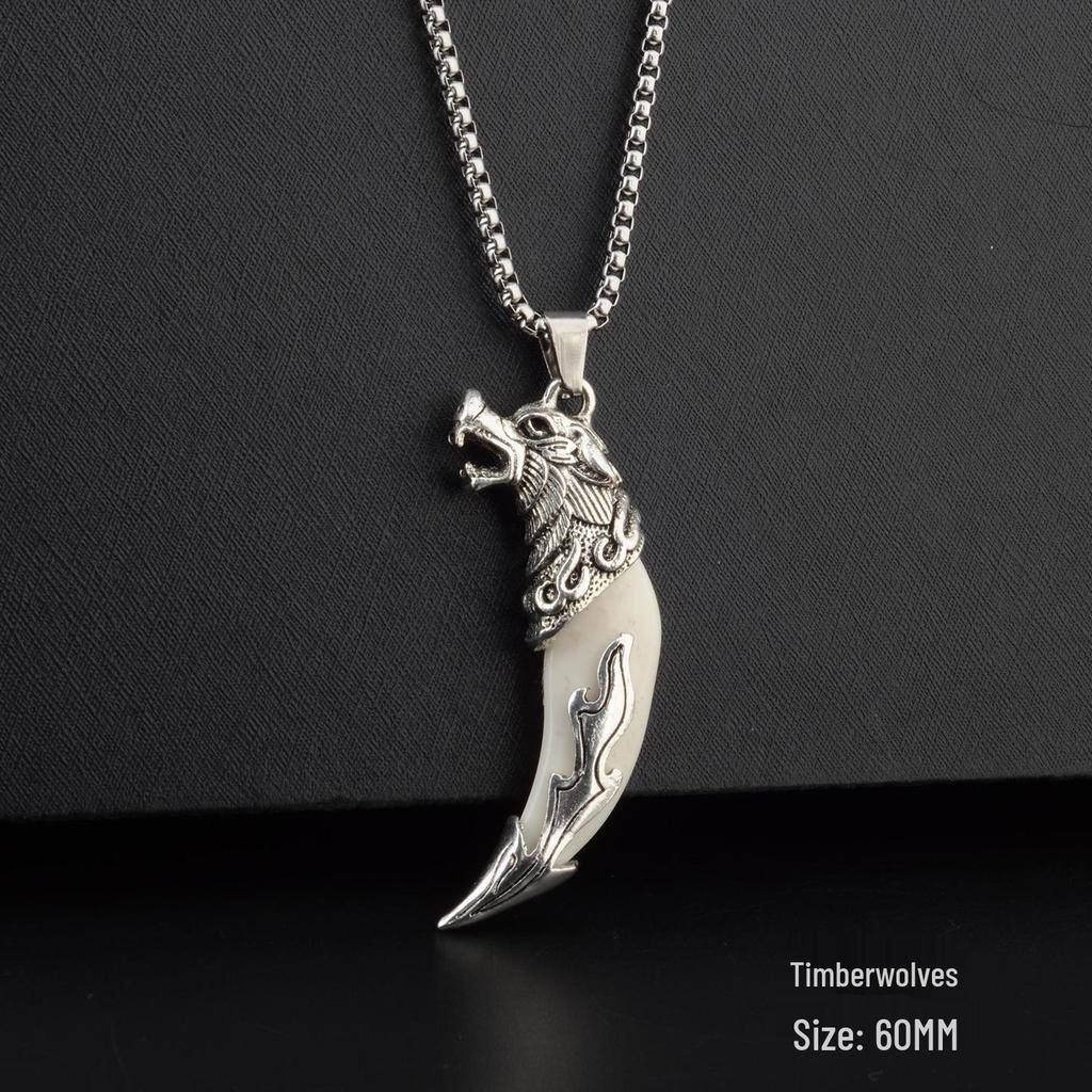 Men's Tibetan Faux Wolf Tooth Pendant Necklace, Titanium Steel Chain, Nepalese Style