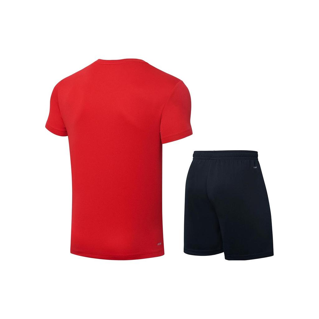 Li Ning Schnelltrocknend Kühl V-Ausschnitt Kurzarm T-Shirt und Mittelhohe Gerade Bein Shorts Basketball Set Unisex Sportbekleidung Zinnoberrot AATT021-2