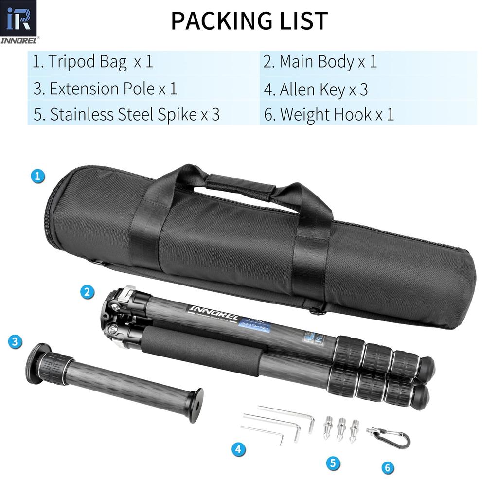 INNOREL Camera Tripod Carbon Tripod Single Lens Reflex Tripod with Ball Head 4 Steps Telescopic Working Height Pipe Diameter 25KG Maximum Load