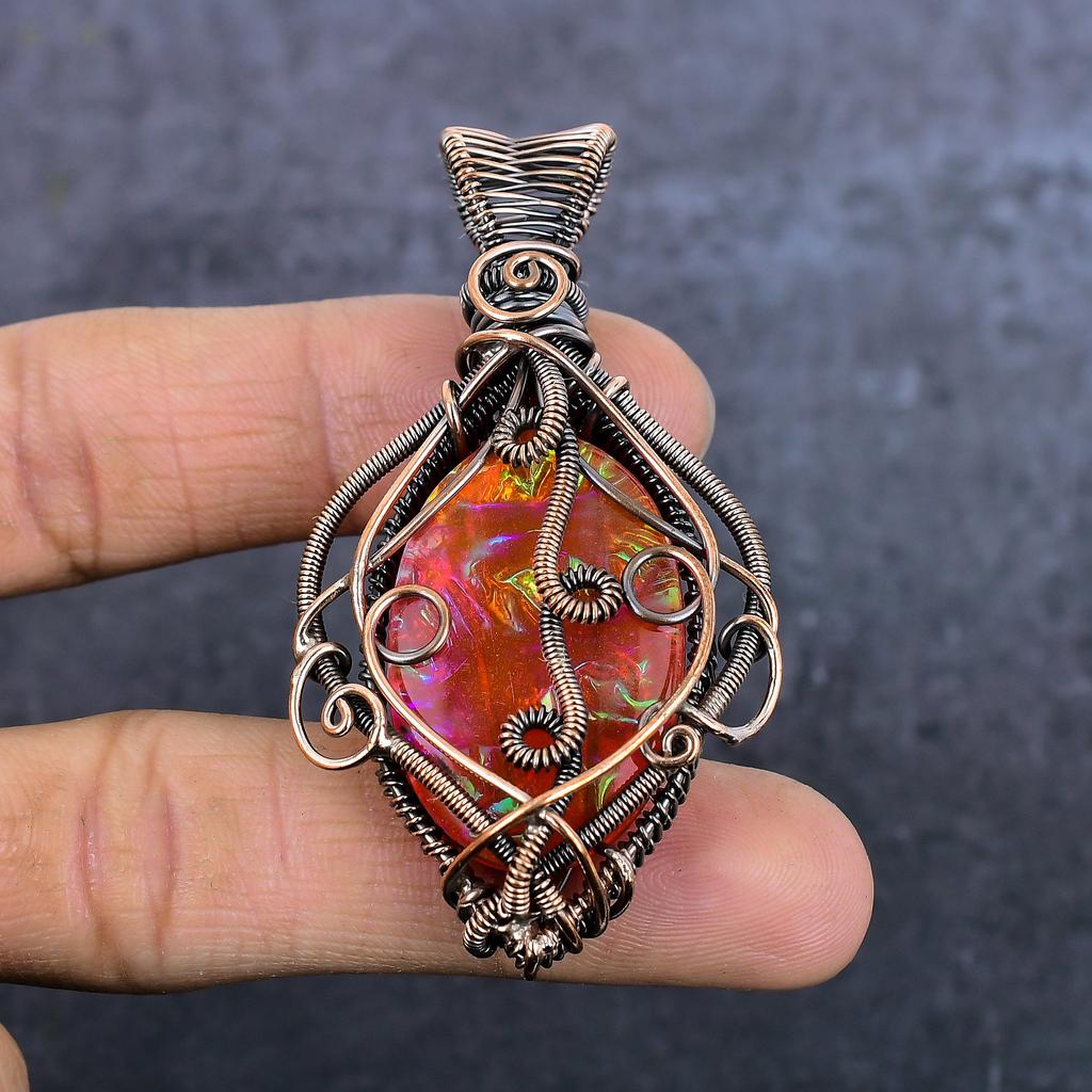Natural Orange Triplet Opal Gemstone Copper Eire Wrap Jewelry Pendant 2.64" b7K28