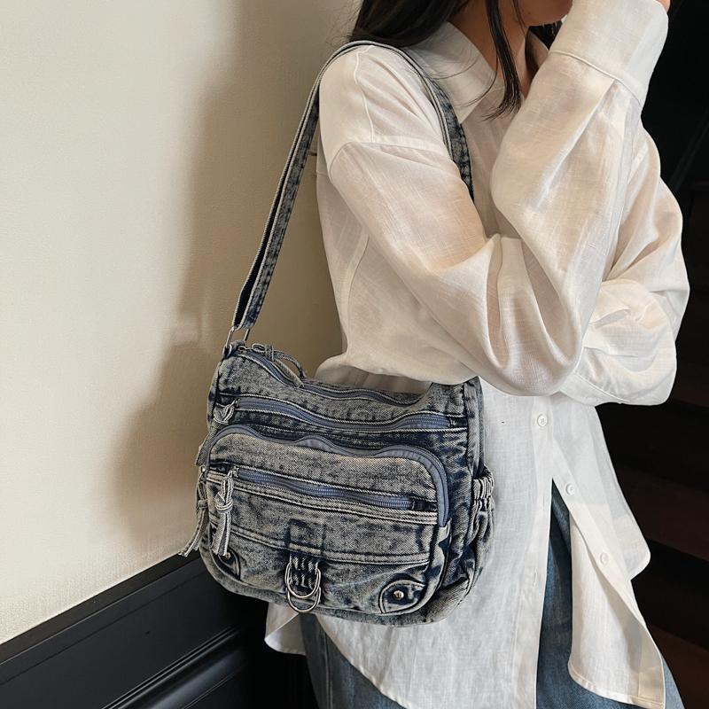 Borsa a tracolla in denim vintage multi-tasca da donna