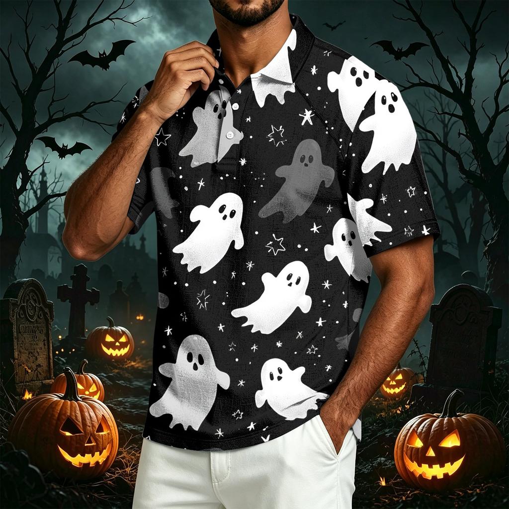 Men's Casual Short Sleeve Polo Shirt Lightweight Breathable Cotton Linen Fabric Halloween Print Design Button Down Collar