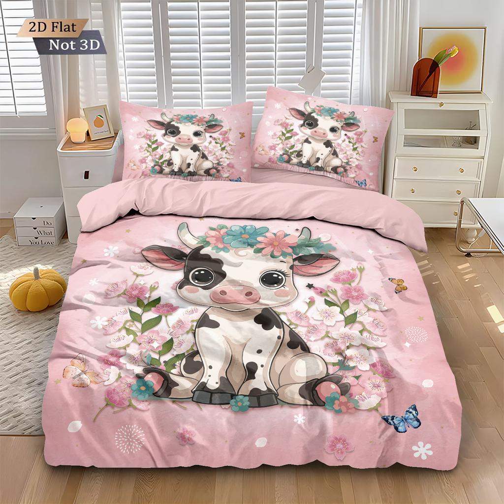 3pcs Valentine's Day Romantic Pink Cow Print Coreless Down Duvet Cover Set Comfortable Bedroom Bedding Decoration Machine Wash