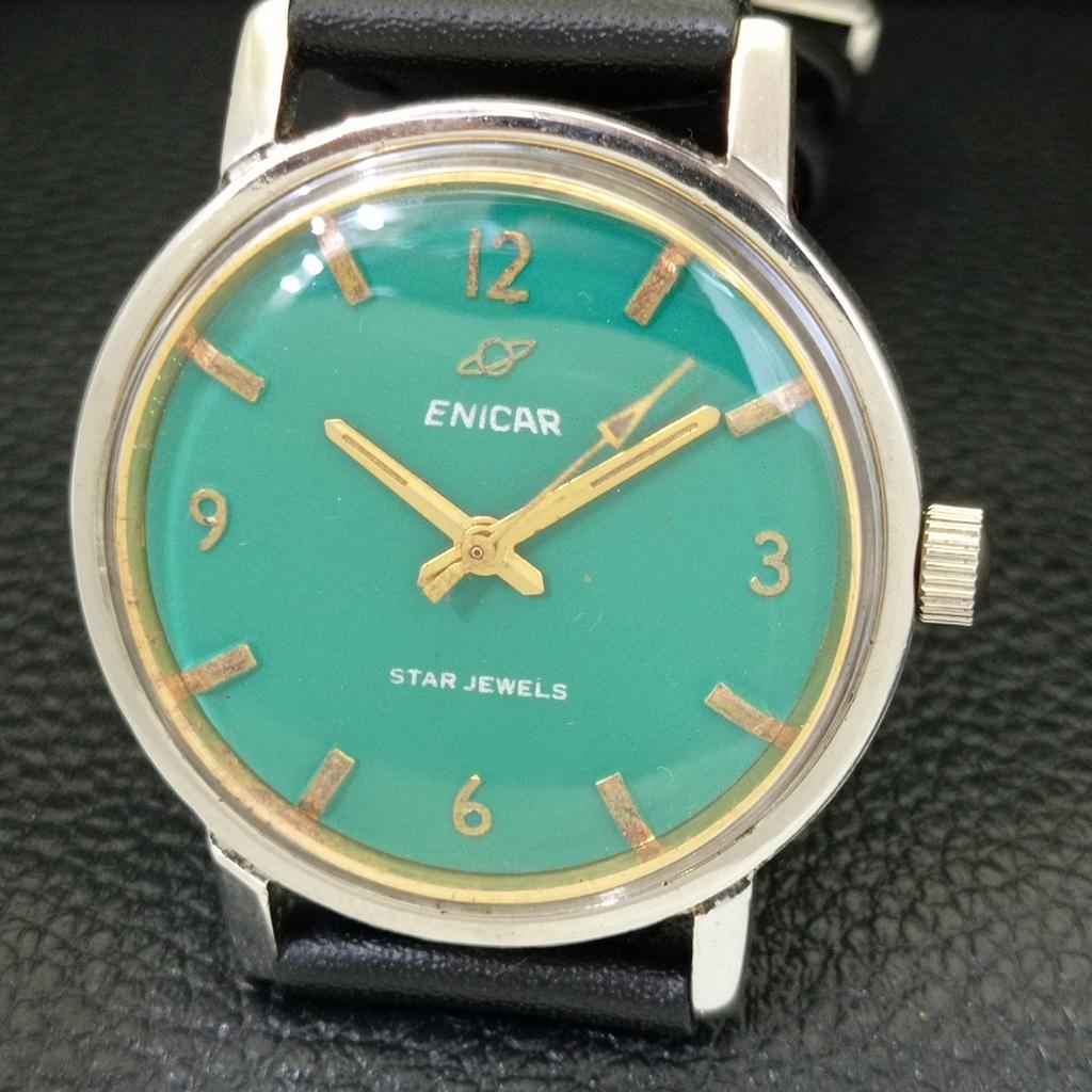 VINTAGE ENICAR STAR JEWELS HAND-WINDING 1140 SWISS MENS GREEN WATCH A702041-5 R208-a702041
