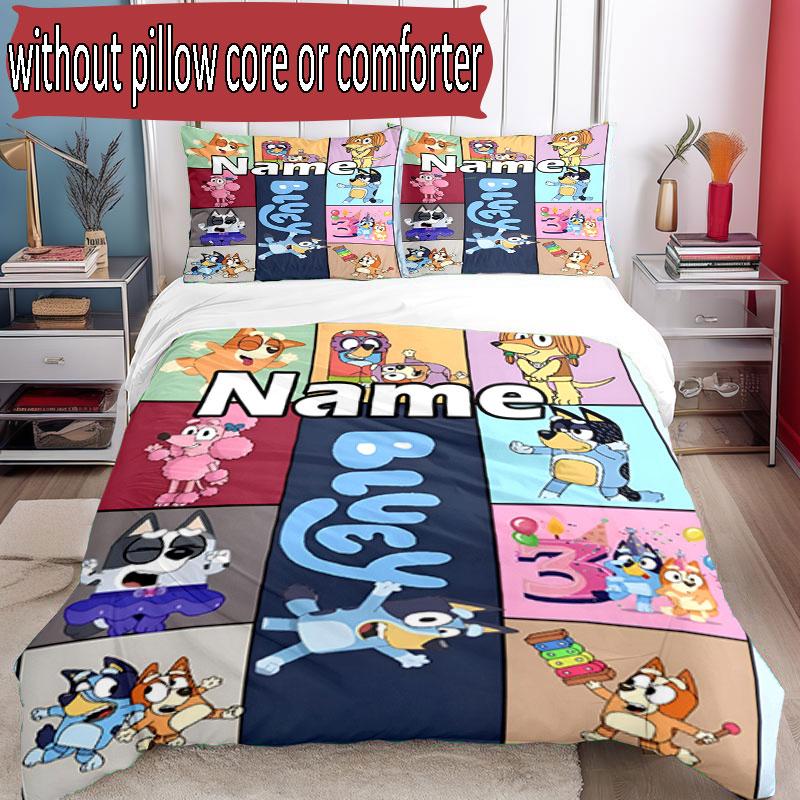 3pcs Duvet Cover Set (1*Duvet Cover + 2*Pillowcase, Without Core), Custom Name Bluey Pattern Bedding Set, Home Bedroom Decor Gift