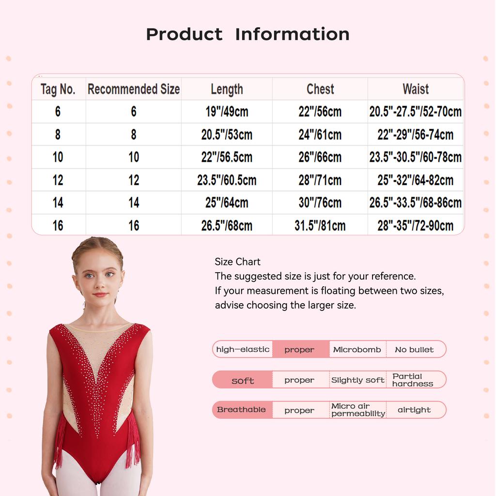 Kids Girls Ballet Latin Dance Leotards Figure Skating Performance Costume Shiny Rhinestone Tassel Gymnastics Bodysuit Dancewear
