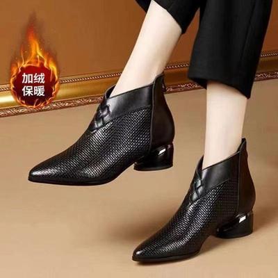 Coarse Heel Short Boots Spring and Autumn Boots and Ankle Boots Fleece Boots Pointed French Small Naked Boots