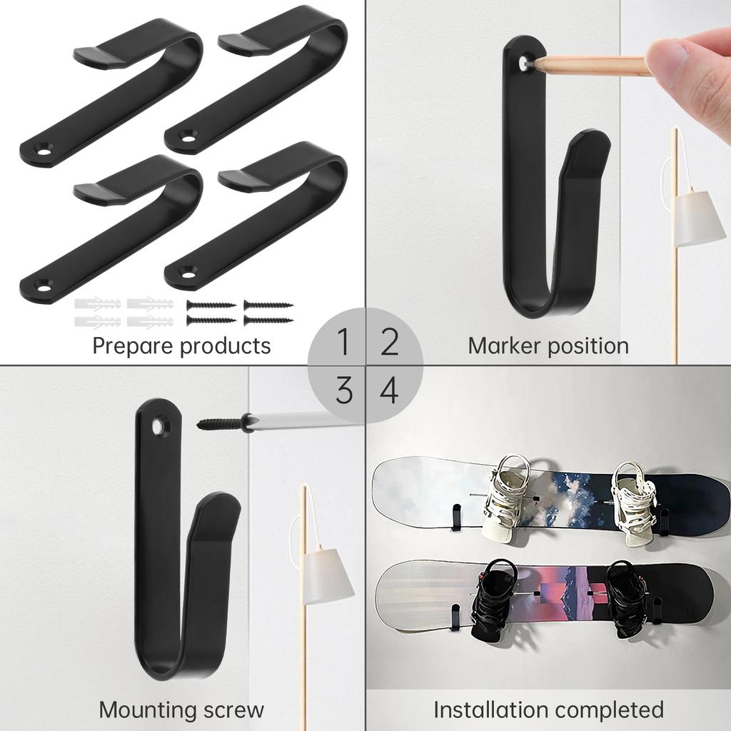 4 Ski-Snowboard-Wandhängeclips, Metall-Snowboard-Wandhängegestell mit Schrauben zur Präsentation, geeignet für Schlafzimmer, Garage, Innenlagerung