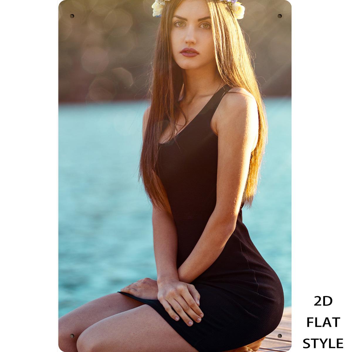 

HD Metal Tin Sign Beautiful Model in Black Bodycon Dress with Flower Crown Lakeside Sunset Portrait Wall Art Decor 20x30cm（7.8x11.8inch）