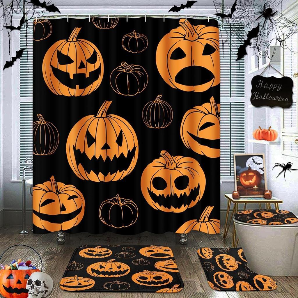 Halloween Shower Curtain Sets With Rugs Black Pumpkin Bathroom Set With Non-Slip Rug, Toilet Lid Cover, Bath Mat And 12 Hooks