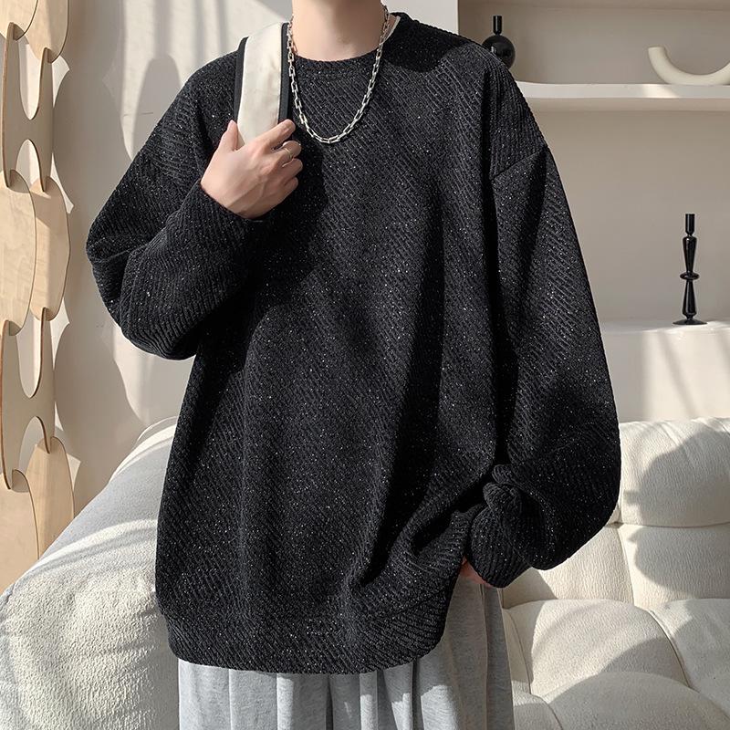 

Men s Japanese-Style Pullover: Autumn Tweed Pattern Sweatshirt for Young, Casual, Versatile Wear. 3XL чорний