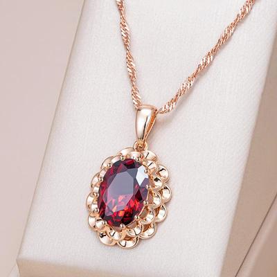 Oval Red Zircon Women's Necklace Hollow Texture Large Pendant Golden Boho Vintage Jewelry Simple Luxury Accessories