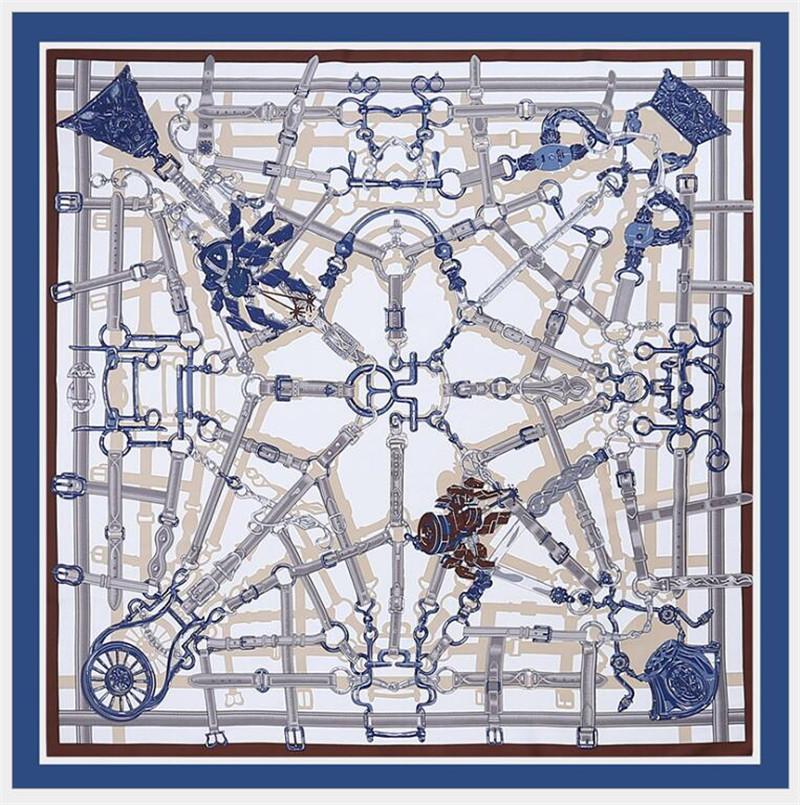 POBING Silk Scarf Women Large Shawls Euro Belt Chain Print Stoles Square Bandana Luxury Kerchief Scarf Female Foulards