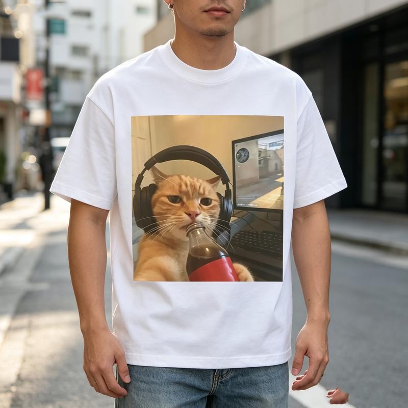 Funny Cat Tee Headphones Soda Drink Print Unisex Unisex Cotton Short Sleeve Trendy Streetwear Y2k Top Oversized T Shirt