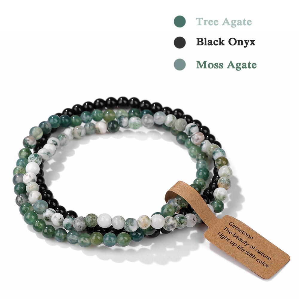 3Pcs/set Natural Green Stone Bracelet 4mm Moss Agates Black Onyx Cat Eye Beads Elastic Bracelets For Women Men Simple Jewelry