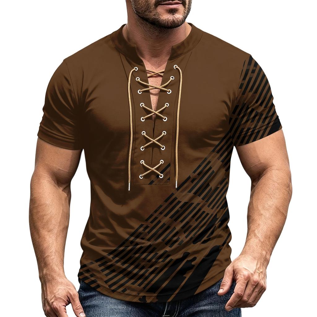 Herren Sommer Retro V-Ausschnitt Hemd Kurzarm Lässig Farbe Oberteil