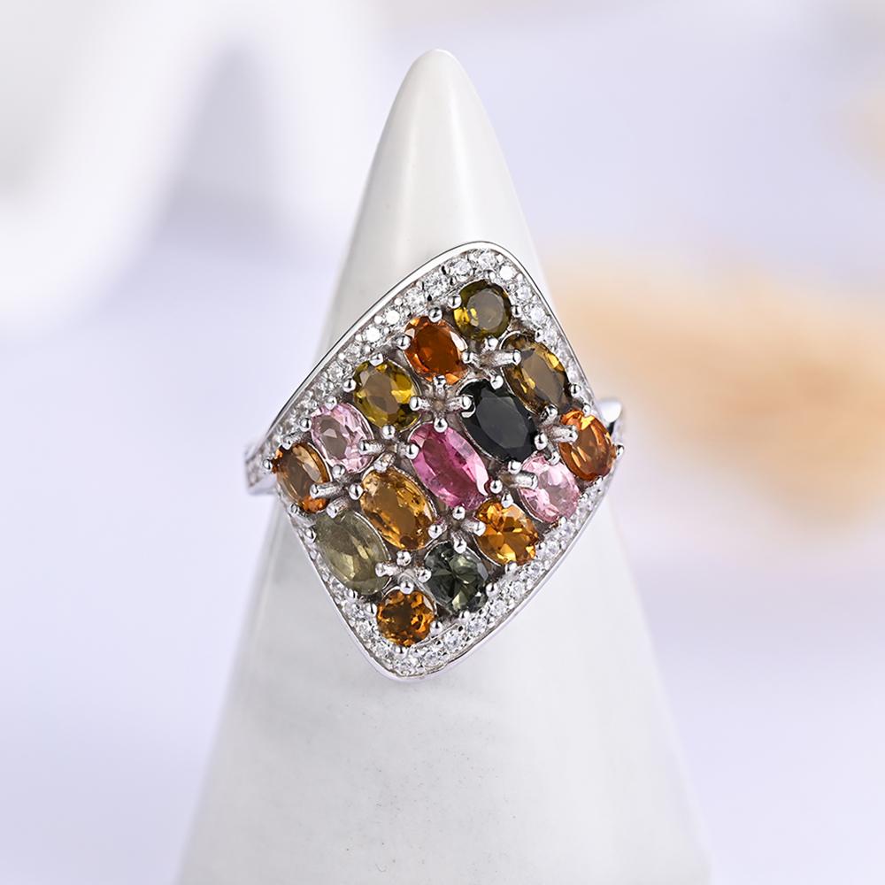 Bague de luxe en argent sterling 925 Tourmaline multicolore naturelle Bijoux fins pour femmes Cadeau de fête
