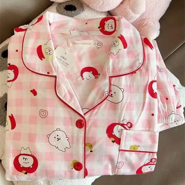 

Cute plaid self-deprecating bear cartoon Japanese student pajamas women s summer short-sleeved new cute loungewear two-piece set s [recommended weight 35-40kg]