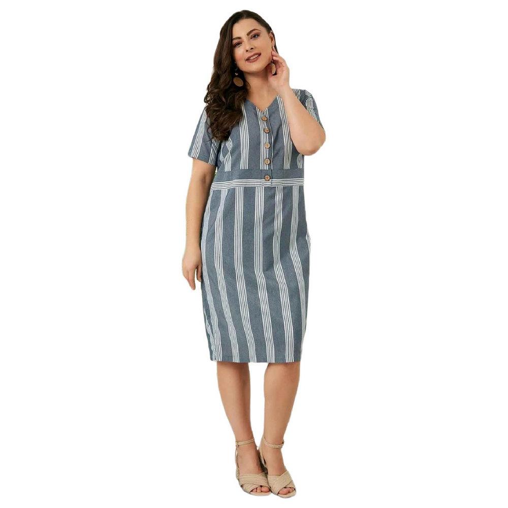 Fierte Women's Plus Size Dress Rg6684Y V-Neck Button Detail Short Sleeve Striped Sports Cotton Above Knee Navy Blue Green