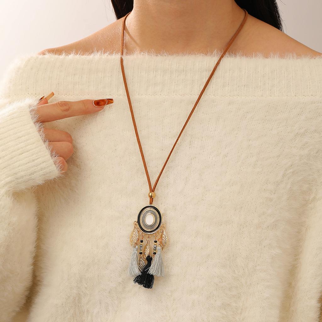 Retro Coffee Bohemian Necklace For Women Ethnic Style Fringed Pendant Long Sweater Chain High-End Fashion Jewelry
