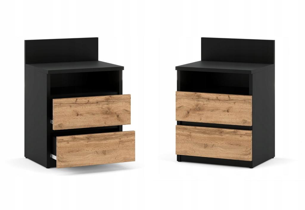 Bedside Table Black Oak Wotan 40cm 2S Shelf Bedroom Furniture