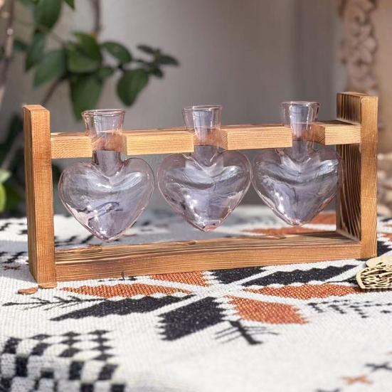 Plant Propagation Station Glass Vase with Wooden Frame Hydroponic Plant Terrarium Kit Love Bulb Vase for Indoor Plants Desktop Decor