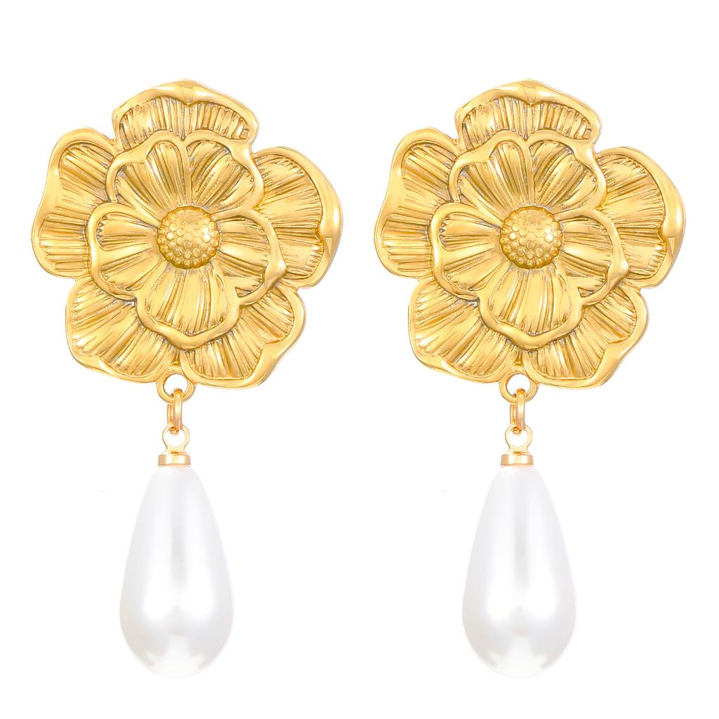High-end Metal Flower Cold Wind Pearl Pendant Earrings Women's Niche Design Temperament Stud Earrings Wholesale